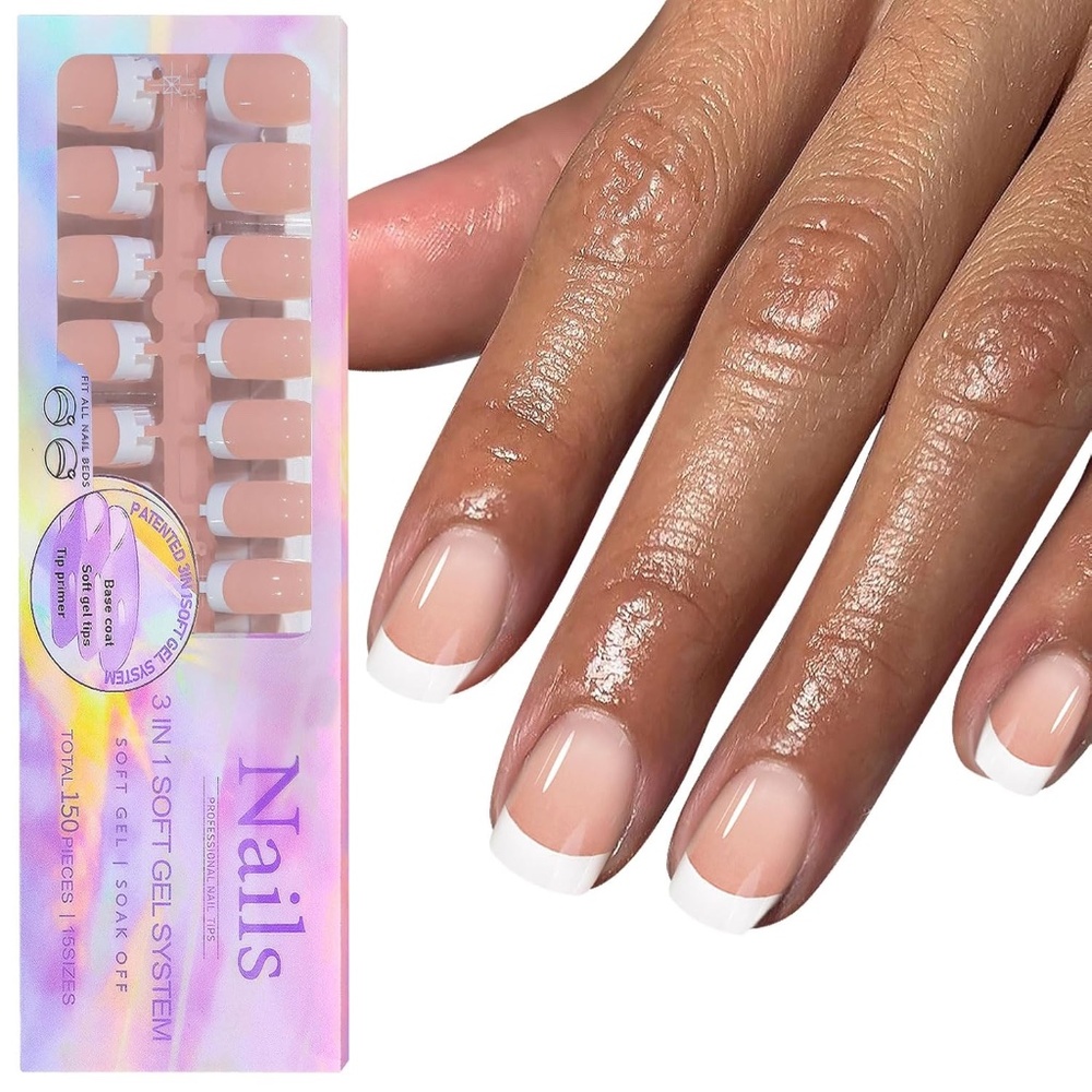 Tan And White French Tip Short Square Press On Nails